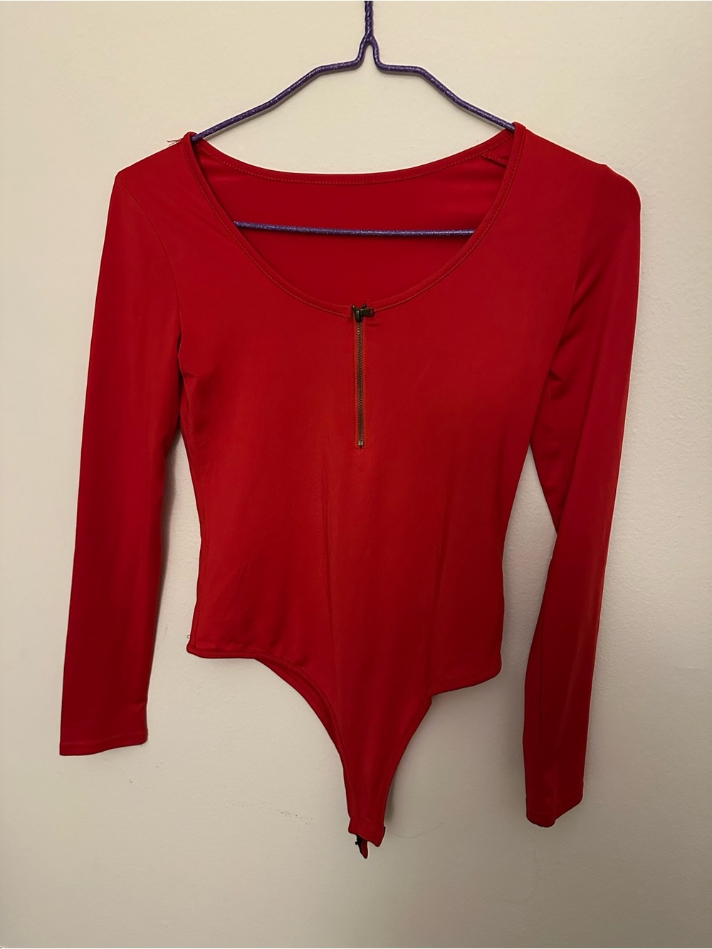 Red Long-Sleeve Zip-Front Bodysuit